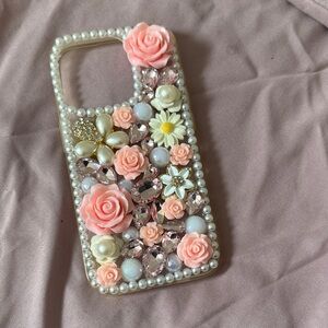 Pink Floral Pearl Embellished Phone Case IPhone 15 pro